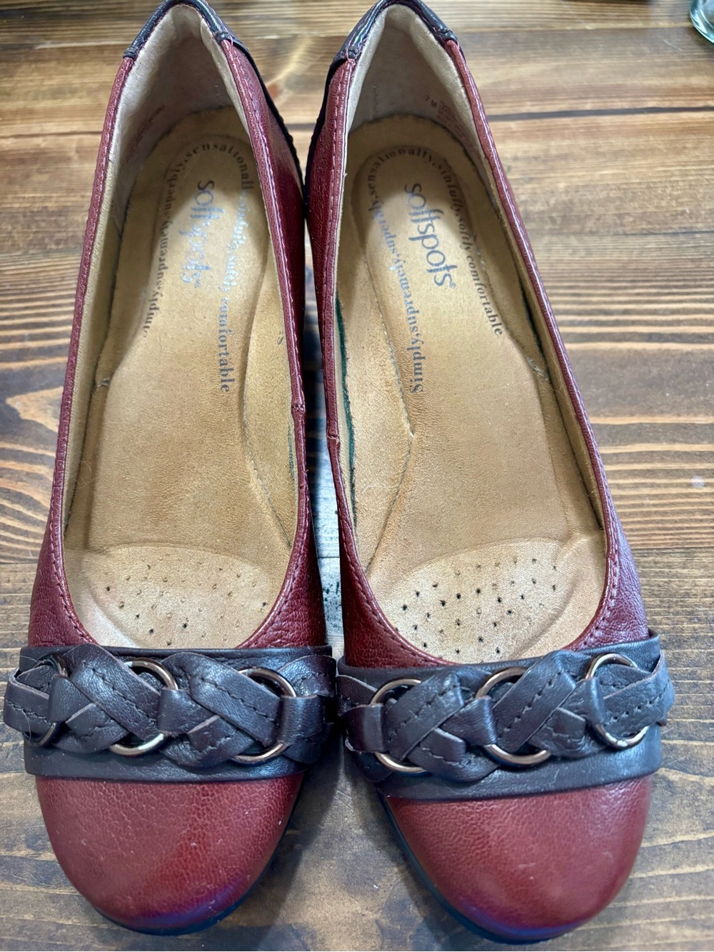 Softspots Women's Burgundy Flats with Braided Brown Trim